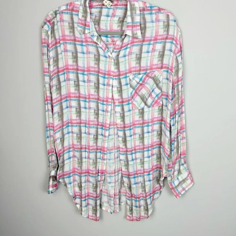 FREE PEOPLE | WE THE FREE Watercolor Plaid Button Down Shirt Women’s Size Small